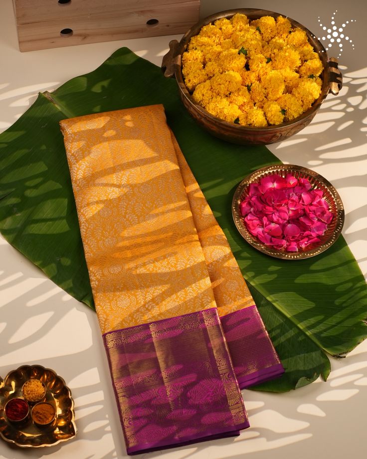 Golden Mustard Kanjivaram with Magenta Border